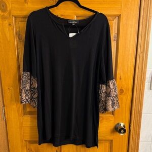 Suzanne Betro Black Top with Brown Snake Print Sleeves